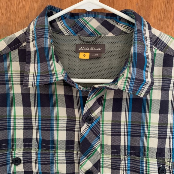 Men’s TL Tall LG EDDIE BAUER Blue Plaid Shirt Sleeve Hiking Outdoor Button Shirt - Picture 2 of 11